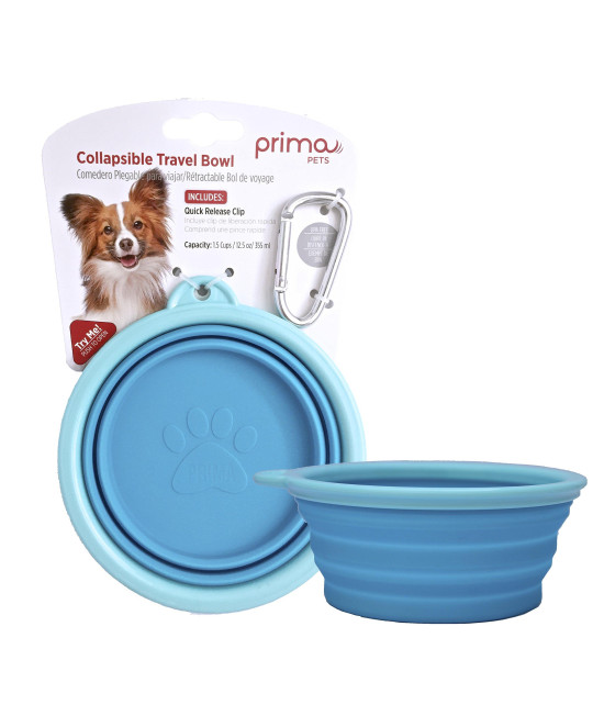Prima Pet Expandable/ Collapsible Silicone Food & Water Travel Bowl with Clip for Small & Medium Dog and Cat, Size: 1.5 Cups (5.1 Inch Diameter Bowl) (AQUA)