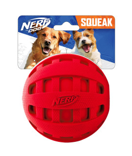 Nerf Dog Rubber Ball Dog Toy with Checkered Squeaker, Lightweight, Durable and Water Resistant, 4 Inch Diameter for Medium/Large Breeds, Single Unit, Red