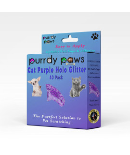 Purrdy Paws 40 Pack Soft Nail Caps for Cat Claws Purple Holographic Glitter Kitten