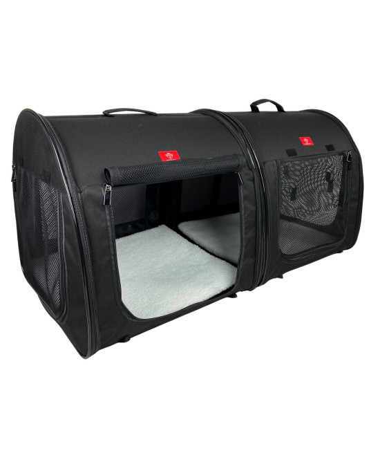 One for Pets Portable 2-in-1 Double Pet Kennel/Shelter, Fabric, Black/Royal Blue 20x20x39 - Car Seat-Belt Fixture Included (Black)
