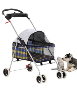 BestPet Pet Stroller 4 Wheels Posh Folding Waterproof Portable Travel Cat Dog Stroller with Cup Holder (Yellow Plaid)
