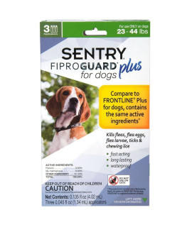 SENTRY PET CARE SENTRY Fiproguard Plus for Dogs, Flea and Tick Prevention for Dogs (23-44 Pounds), Includes 3 Month Supply of Topical Flea Treatments