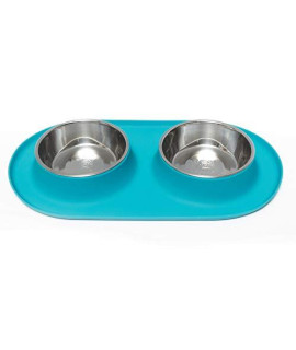 Messy Mutts Double Silicone Feeder with Stainless Bowls, Medium, 1.5 Cups Per Bowl, Blue