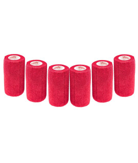 4 Inch Vet Wrap Tape Bulk (Red) (Pack of 6) Self Adhesive Adherent Adhering Flex Bandage Grip Roll for Dog Cat Pet Horse