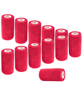 4 Inch Vet Wrap Tape Bulk (Red) (Pack of 12) Self Adhesive Adherent Adhering Flex Bandage Grip Roll for Dog Cat Pet Horse