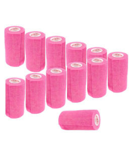 4 Inch Vet Wrap Tape Bulk (Neon Pink) (Pack of 12) Self Adhesive Adherent Adhering Flex Bandage Grip Roll for Dog Cat Pet Horse