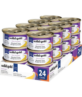 Solid Gold Wet Cat Food Shreds in Gravy - Canned Cat Food Made w/Real Tuna for Cats of All Ages - Five Oceans Grain Free Cat Wet Food for Sensitive Stomach & Overall Wellness - 24ct/3oz Can
