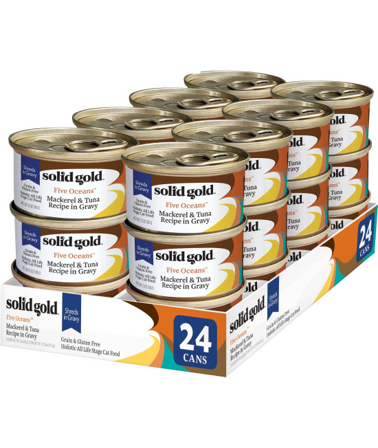 Solid Gold Wet Cat Food Shreds in Gravy - Canned Cat Food Made w/Real Tuna & Mackerel for Cats of All Ages - Five Oceans Grain Free Cat Wet Food for Sensitive Stomach & Overall Health - 24ct/3oz Can