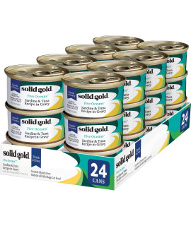 Solid Gold Wet Cat Food Shreds in Gravy - Canned Cat Food Made w/Real Tuna & Sardine for Cats of All Ages - Five Oceans Grain Free Cat Wet Food for Sensitive Stomach & Overall Health - 24ct/3oz Can