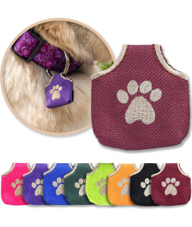 Woofhoof Dog Tag Silencer, Burgundy Pawprint - Quiet Noisy Pet Tags - Fits Up to Four Pet IDs - Dog Tag Cover Protects Metal Pet IDs, Made of Durable Nylon, Universal Fit, Machine Washable