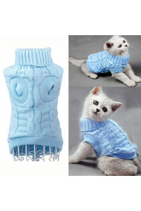 Bro'Bear Cable Knit Turtleneck Sweater for Small Dogs & Cats Knitwear (Blue, Small)