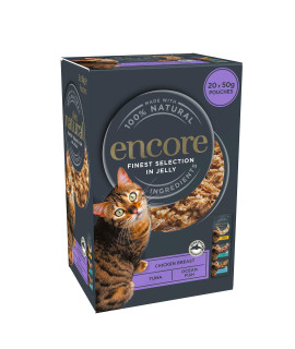 Encore 100% Natural cat Food Pouch, Multipack Mixed Selection in Jelly 50 g, Pack of 20 Pouches