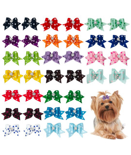 PET SHOW 30pcs/15pairs Dot Hair Bows with Rubber Bands for Small Medium Dogs Puppies Bowknot Cat Topknot Yorkies Grooming Accessories Color Assorted Randomly
