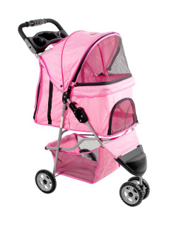 VIVO Pink 3 Wheel Pet Stroller for Cat, Dog and More, Foldable Carrier Strolling Cart, STROLR-V003N