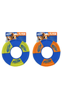 Nerf Dog Toss and Tug Ring Dog Toy, Flying Disc, Lightweight, Durable and Water Resistant, 9 Inch Diameter, For Medium/Large Breeds, Two Pack, Green and Orange