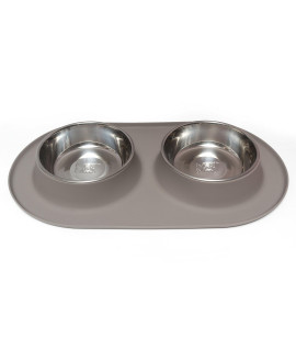 Messy Mutts Double Silicone Feeder with Stainless Bowls Non-Skid Food Dishes for Dogs for All Pets Dog Food Bowls Large 3 cups Per Bowl grey