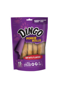 Dingo Porkie Rolls 15 Count, Pork Hide Chews for Dogs, Made with Real Chicken