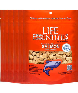 All Natural Freeze Dried Wild Alaskan Salmon Treats for Cats & Dogs - Single Ingredient No Grain Snack With No Additives or Preservatives, - 5 Ounce Bag - 6 Pack