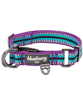 Blueberry Pet 10+ Colors 3M Reflective Multi-Colored Stripe Adjustable Dog Collar, Violet and River Blue, Medium, Neck 14.5-20