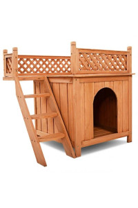 Giantex Pet Dog House, Wooden Dog Room Shelter with Stairs, Raised Roof and Balcony Bed for Indoor and Outdoor Use, Wood Dog House