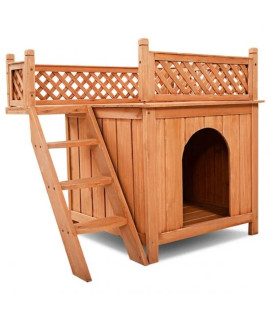 Giantex Pet Dog House, Wooden Dog Room Shelter with Stairs, Raised Roof and Balcony Bed for Indoor and Outdoor Use, Wood Dog House