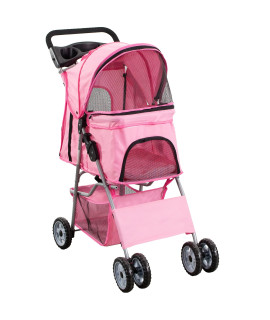 VIVO Pink 4 Wheel Pet Stroller for Cat, Dog and More, Foldable Carrier Strolling Cart, STROLR-V001N