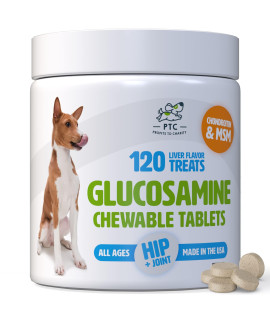 PTC PROFITS TO CHARITY Glucosamine for Dogs with Chondroitin and MSM -Hip and Joint Supplement for Dog Mobility Support and Arthritis Pain Relief -120 Chewable Tablet Treats