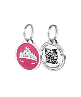 Pet Dwelling 2D QR Code Pet ID Tag - Dog Tags - Cat Tags - Online Pet Profile - Instant Email Alert of Scanned QR Tag Location(Pink Tiara)