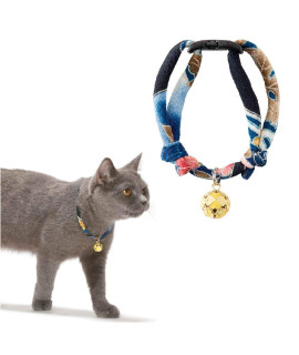 Necoichi Chirimen Cat Collar with Clover Bell (Navy)