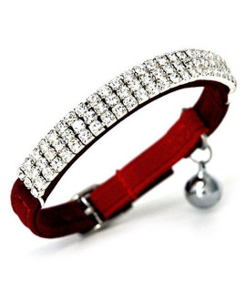 CHUKCHI Soft Velvet Safe Cat Adjustable Collar Bling Diamante with Bells,11 inch for Small Dogs and Cats (Red)