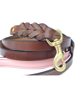 Soft Touch Collars Heavy Duty Leather Braided Dog Leash, Brown with Pink Padded Handle, 6ft