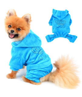 SELMAI Dog Jumpsuit Hoodie Sweatshirt Dog Fleece Sweater Coat Small Pet Clothes Rhinestone Crown Blue M