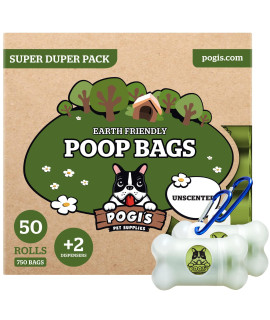 PogiAs Dog Poop Bags - 50 Unscented Rolls (750 Doggie Poop Bags) + 2 Dog Poop Bag Holders for Leashes - Leak-Proof Dog Waste Bags - Ultra Thick, Extra Large Poop Bags for Dogs