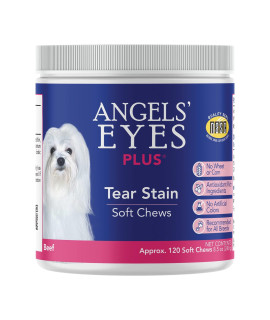 ANGELS' EYES PLUS Tear Stain Prevention Soft Chews for Dogs 120 ct Beef Flavor For All Breeds No Wheat No Corn Daily Supplement Proprietary Formula