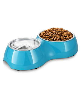 Flexzion Double Dog Bowl - Double Stainless Steel Food and Water Bowls for Dogs and Cats - Raised Puppy Food and Water Bowls - Non-Slip Pet Bowl for Dog and Cat, Blue