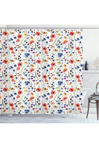 Ambesonne Flower Shower curtain, Wildflowers Poppy and a chamomile cornflowers Daisies by The countryside Spring Illustration, cloth Fabric Bathroom Decor Set with Hooks, 69 W x 84 L, Orange Blue