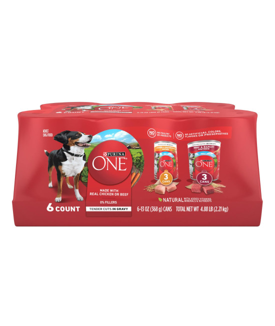 Purina ONE Tender Cuts in Gravy Chicken and Brown Rice, and Beef and Barley Entrees Wet Dog Food Variety Pack - (6) 13 oz. Cans