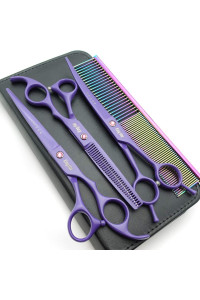 Kingstar 7.0in. Matt Purple Professional Pet Grooming Scissors Set,Straight & Thinning & Curved Scissors Set with Comb,case,A429