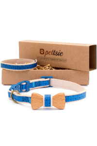 Pettsie Breakaway Cat Collar Bowtie, Matching Friendship Bracelet, Soft and Comfortable Cotton for Sensitive Skin, Carton Box, D-Ring for Accessories, Easy Adjustable Size 8-11 Inches, Blue