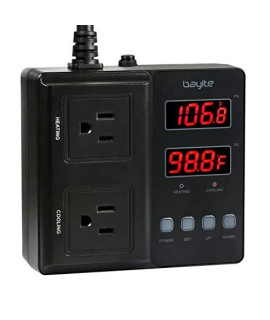bayite Temperature Controller 1650W 15A BTC211 Dual Digital Outlet Thermostat Plug, Pre-Wired, 2 Stage Heating and Cooling Mode, 110V - 240V, Fermentation BBQ Reptile Aquarium