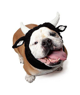 Zoo Snoods Bull Dog Costume - Warm No Flap Ear Wrap Hood for Pets, Dog Outfit with Horns for Winters, Halloween, Christmas & New Year, Soft Yarn Ear Covers (Large)