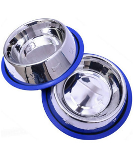 Set of 2 Etched Stainless Steel Dog Bowls, Easy to Clean with Non-Skid No-Tip Silicone Ring, Feeding Bowls for Dogs (2 Pak / 32oz Each Bowl)