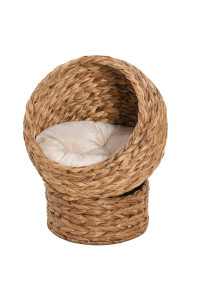 Pawhut Handwoven Elevated Cat Bed with Soft Cushion & Cat Egg Chair Shape, Cat Basket Bed Kitty House with Stand, Raised Wicker Cat Bed for Indoor Cats, 23.5 H, Brown