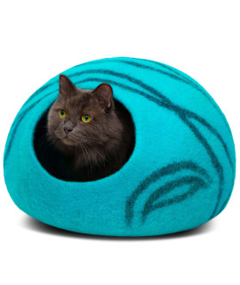 MEOWFIA Premium Felt Cat Bed Cave - Handmade 100% Merino Wool Bed for Cats and Kittens (Light Shades) (Large, Aquamarine)