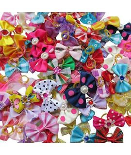 Chenkou Craft Random of 20pcs Puppy Yorkie Dog Hair Bow with Rubber Band Rhinestone Pet Grooming Products Mix Colors Varies Patterns Pet Hair Bows Dog Accessories