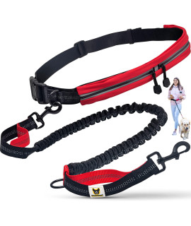 Hundefreund Hands Free Dog Leash for Running Walking Hiking for Medium and Large Dogs (30-150 lbs) with Adjustable Waist Belt, Zipper Pouch, Reflective Retractable Bungee, Dual Handles Red