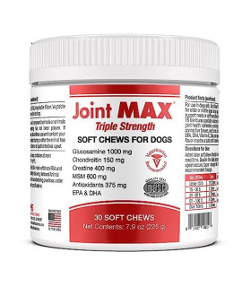 PHS Joint MAX Triple Strength (TS) Soft Chews for Dogs - Glucosamine, Chondroitin, MSM, Turmeric, Omega 3 - Hip and Joint Pain Relief and Support for Dogs - Made in USA - 30 Soft Chews