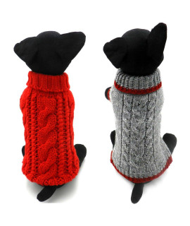Pack of 2 Turtleneck Classic Cable Knit Dog Cat Pet Sweater Apparel Classic Red and Grey (S)