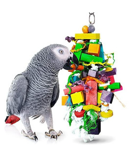 Sungrow Parrot Wooden and Rope chewing Toy, Multi-Shaped and Multicolored Blocks and cotton Rope with Hanging Loop