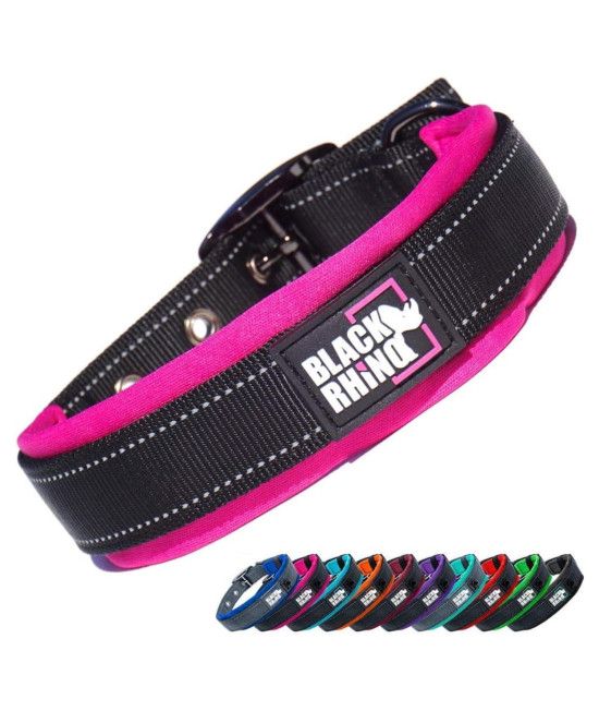 Black Rhino - The Comfort Collar Ultra Soft Neoprene Padded Dog Collar for All Breeds - Heavy Duty Adjustable Reflective Weatherproof (Small, Pink/Black)